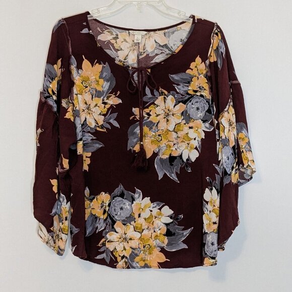 CATO Est 1946 Burgundy Floral Relaxed Fit Peasant Boho Top; Size L - Picture 1 of 6